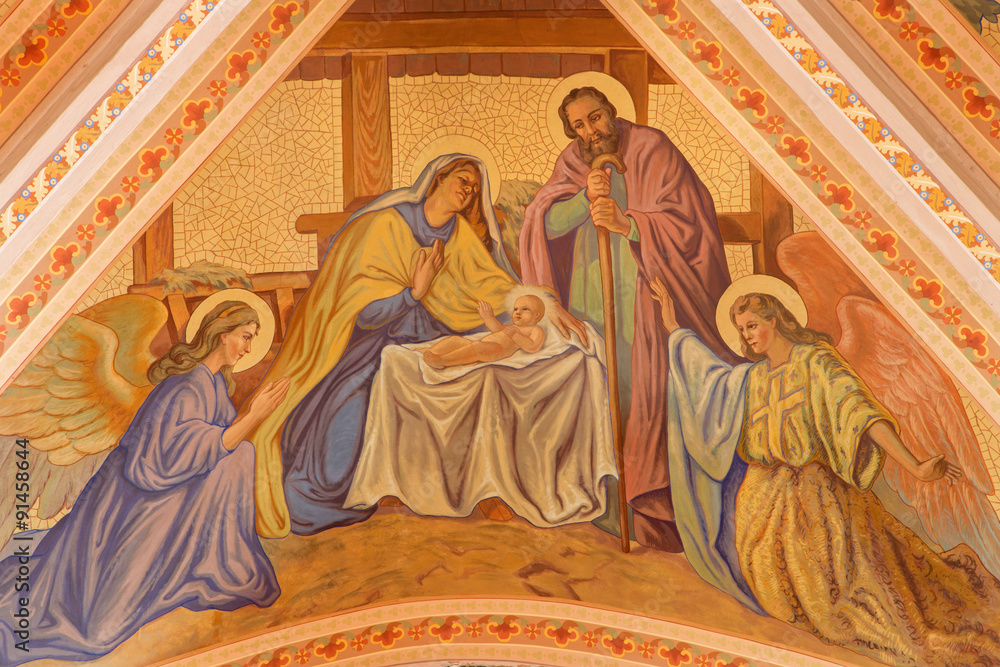 Banska Stiavnica - fresco of Nativity scene on the ceiling of parish church