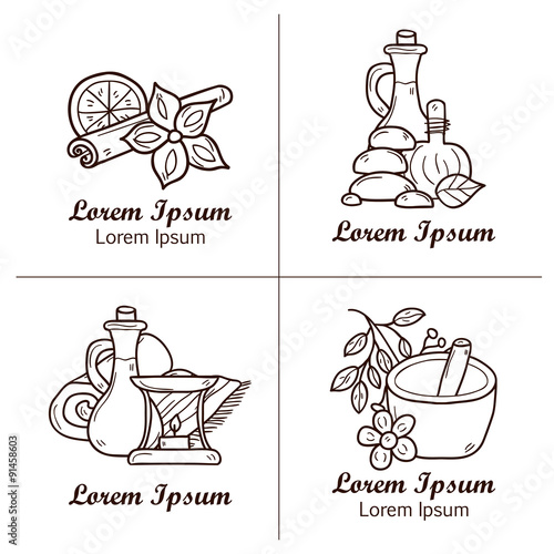 Set of cartoon ayurvedic logos or badges in hand drawn style