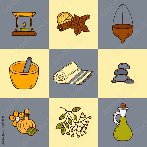 Set of cartoon ayurvedic icons in hand drawn style: herbs