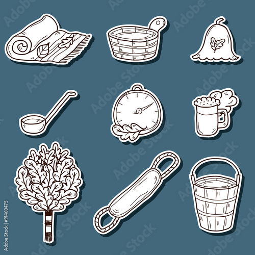 Set of hand drawn sauna stickers: broom, towel, hat, wisp, beer