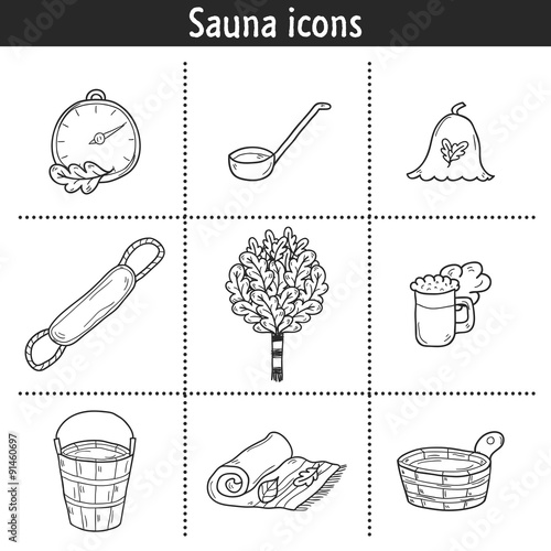Set of hand drawn sauna icons: broom, towel, hat, wisp, beer
