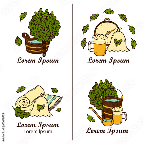 Set of hand drawn sauna logos or badges: broom, towel, hat, wisp