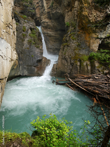 Waterfall into a wild gorge  Canadian Rockies