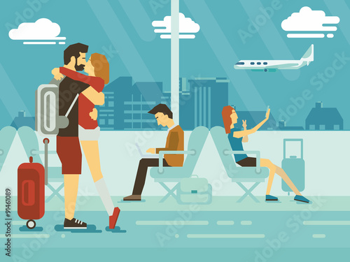 Embracing Couple and people sitting in airport terminal