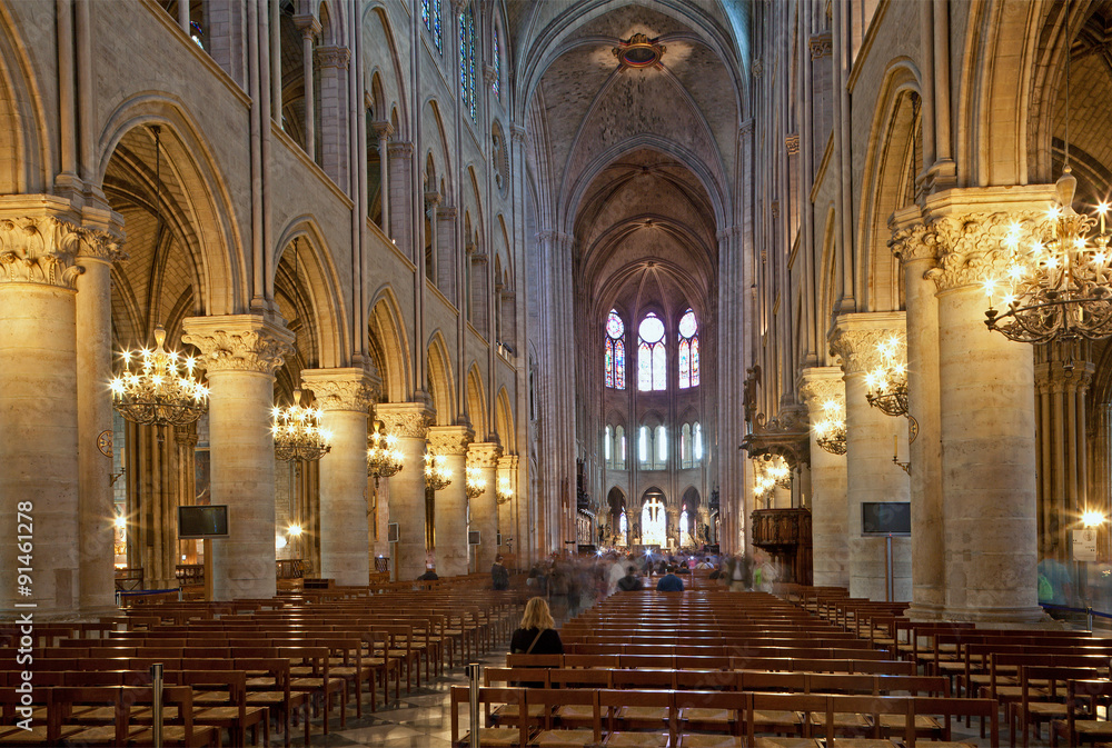 Paris - The nave of Notre Dame gothic cahedral.