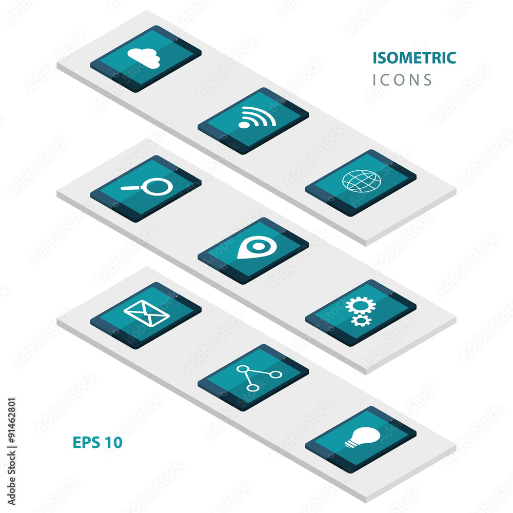 Set of isometric web icons on tablet screen. Vector illustration. Set of isometric web icons on tablet screen. Vector illustration.