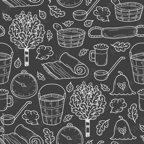 Vector seamless background with cartoon hand drawn sauna objects