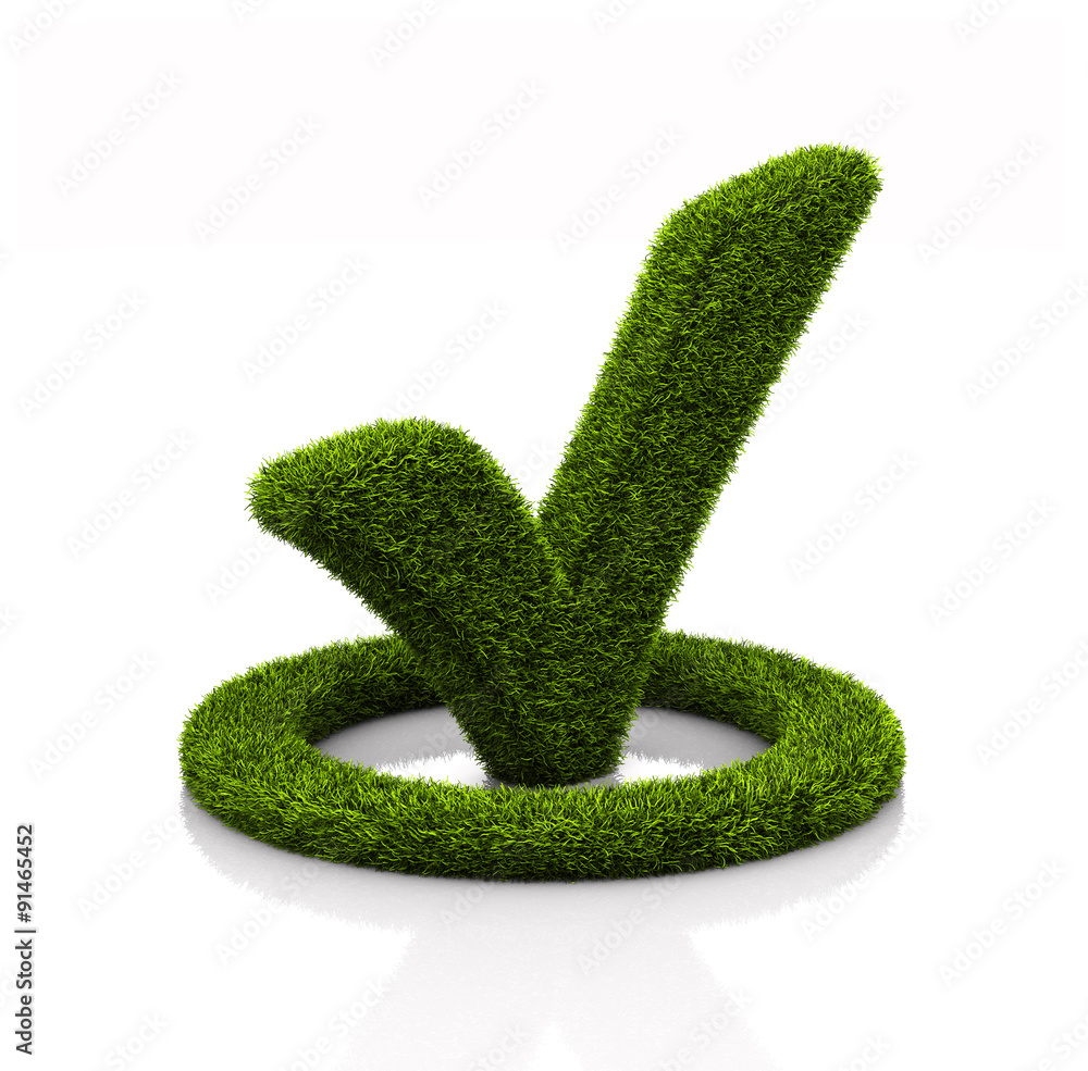 Green grassed check mark symbol in the circle on white background Green grassed check mark symbol in the circle on white background