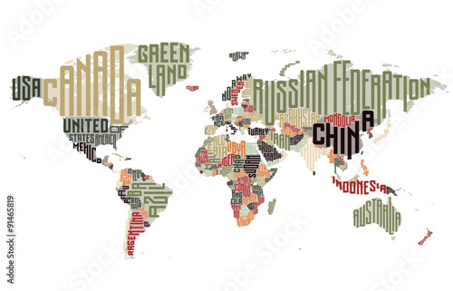 World map made of typographic country names