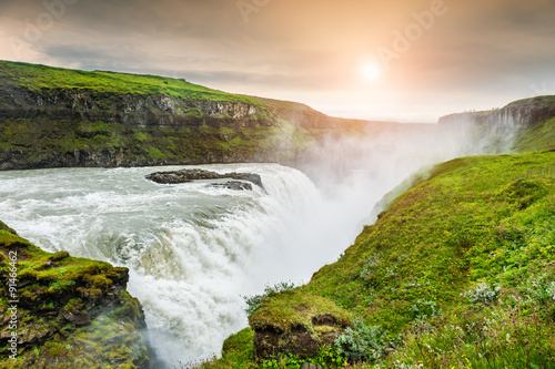 Beautiful Gullfoss waterfall at sunset. Iceland