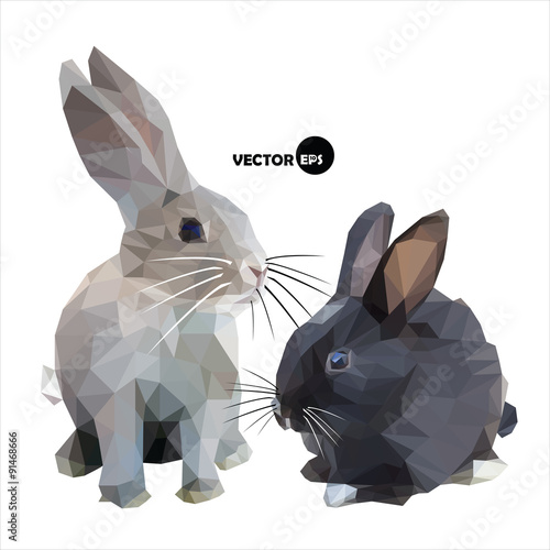 The hare and the rabbit black and white isolated on white background. Bunny and the cute Bunny is made in the style of vector polygon (abstract low-poly) illustration.