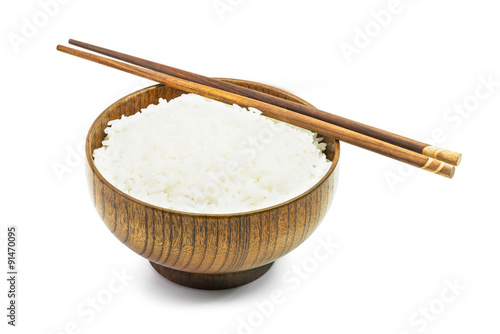 Cooked rice in wooden bowl