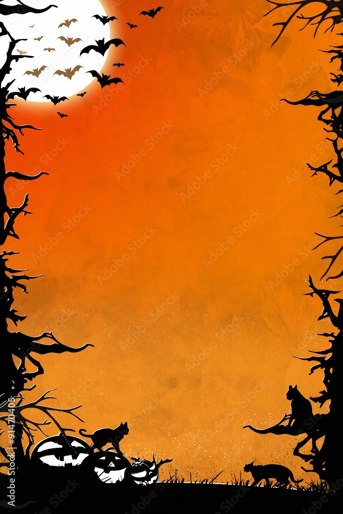 Fototapeta premium Halloween night orange vertical background with trees, bats, cats and pumpkins