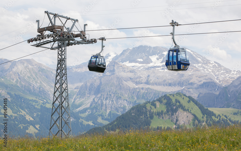 Lenk im Simmental, Switzerland - July 12, 2015: Ski lift in moun