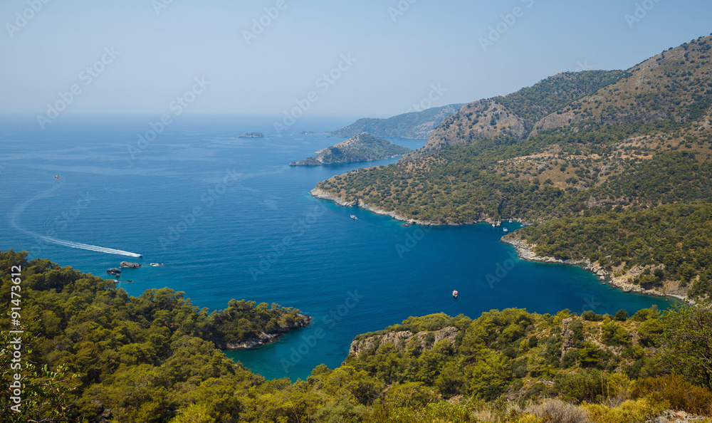 Sea landscape top view. Sea lagoon with beautiful turquoise water. Blue lagoon, Turkey.