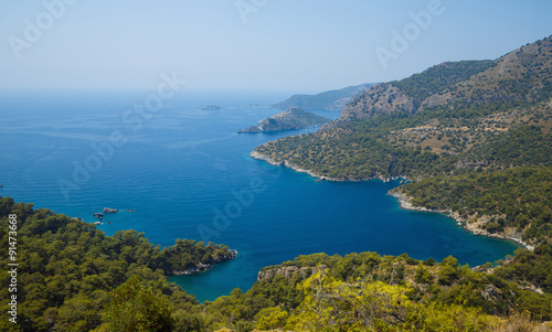 Sea landscape top view. Sea lagoon with beautiful turquoise water. Blue lagoon, Turkey.