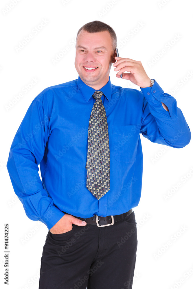Happy and smile business man. Successful businessman in blue shirt and tie speak by cell mobile phone and put hand in pocket, isolated white background, Concept of leadership and success Happy and smile business man. Successful businessman in blue shirt and tie speak by cell mobile phone and put hand in pocket, isolated white background, Concept of leadership and success