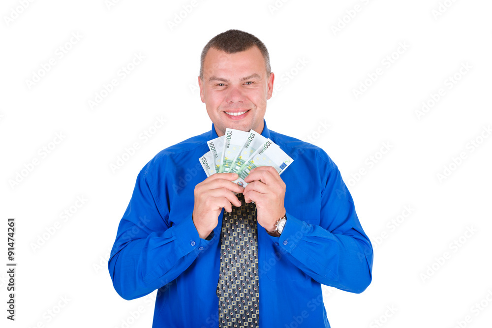 Portrait of happy, excited, successful, lucky business man in shirt and tie holding money euros banknotes in hands. Looking to camera. isolated white background. Positive emotion. Reward savings Portrait of happy, excited, successful, lucky business man in shirt and tie holding money euros banknotes in hands. Looking to camera. isolated white background. Positive emotion. Reward savings
