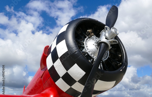 Fotografie Rotes Propellerflugzeug von vorne