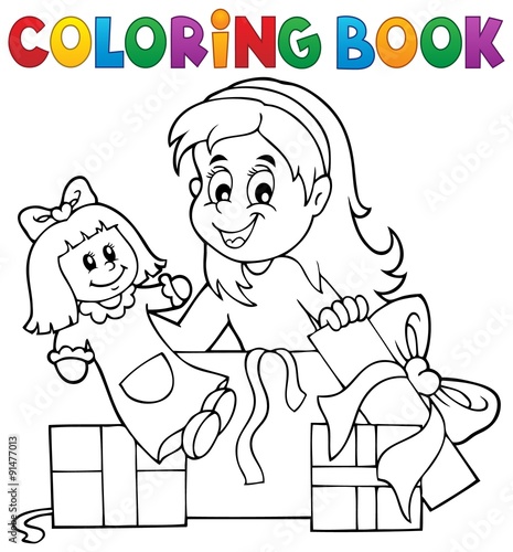 Coloring book girl with doll and gifts