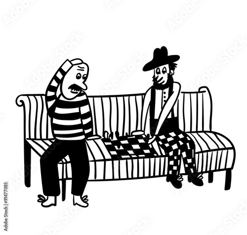 bald guy and the guy in the hat playing chess on a park bench comic vector illustration