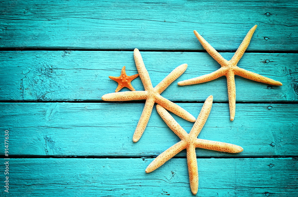 starfish on the blue wooden background starfish on the blue wooden background