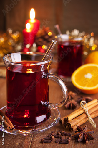 Mulled wine or glühwein on a rustic table