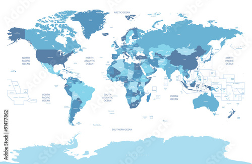 Political world map in the tints of blue color palette © brichuas