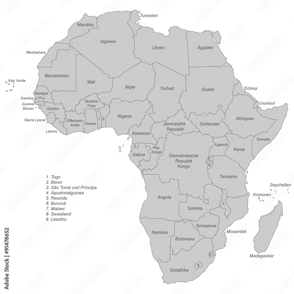 Obraz premium Afrika - Karte in grau (beschriftet)