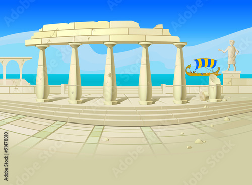 Ruins of an ancient city. Vector illustration of ruins of an ancient city, with an old-time sailing ship, a blue sea and sky in the background. 