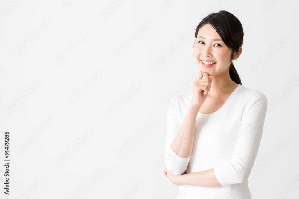 portrait of attractive asian woman thinking on white background portrait of attractive asian woman thinking on white background