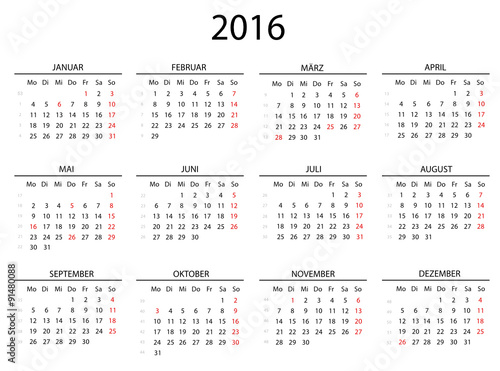 2016 Kalender ohne Feiertage mit Linien