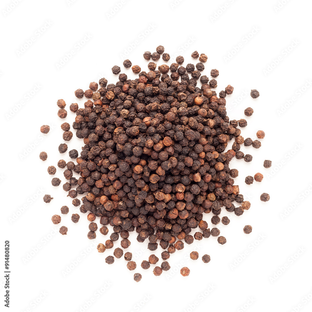 Top view of Organic Black pepper (Piper nigrum) isolated on white background. Top view of Organic Black pepper (Piper nigrum) isolated on white background.