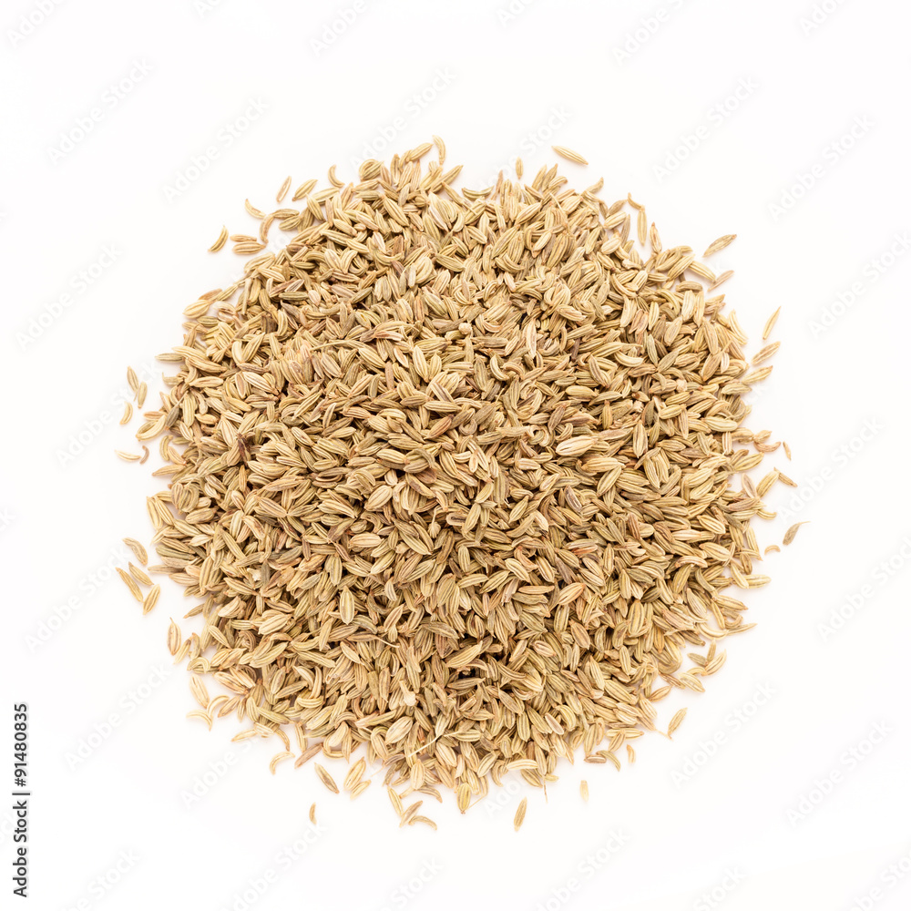 Top view of Organic Fennel seed (Foeniculum Vulgare) isolated on white background.