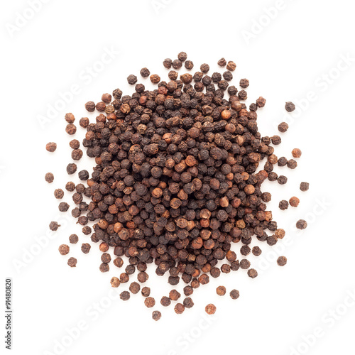Top view of Organic Black pepper (Piper nigrum) isolated on white background.