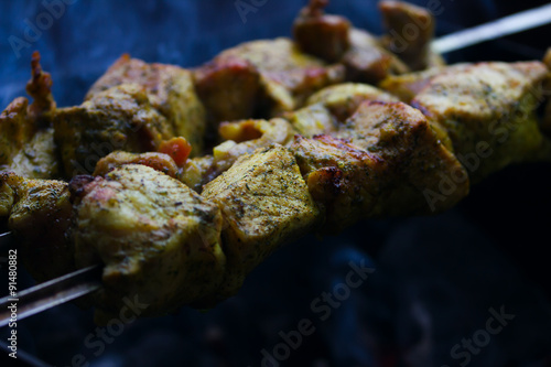 Fresh pork bbk meat cooking  outdoors photo