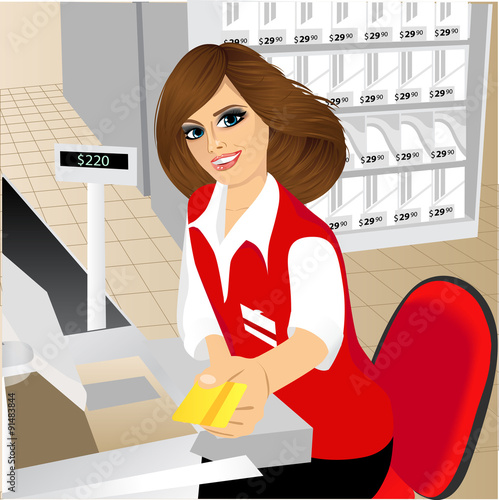 cashier giving a credit card in the supermarket 