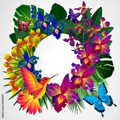 Fototapeta Naklejka Na Ścianę i Meble -  Floral design background. Tropical orchid flowers, birds.