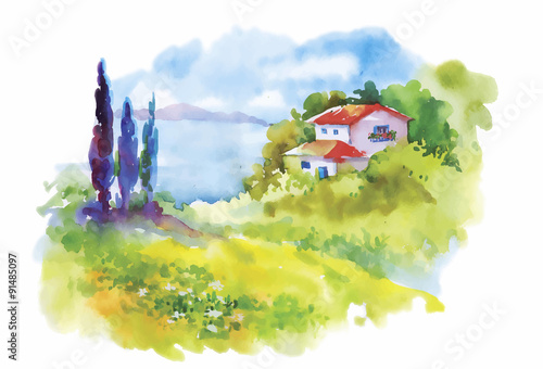 Watercolor rural village in green summer day illustration