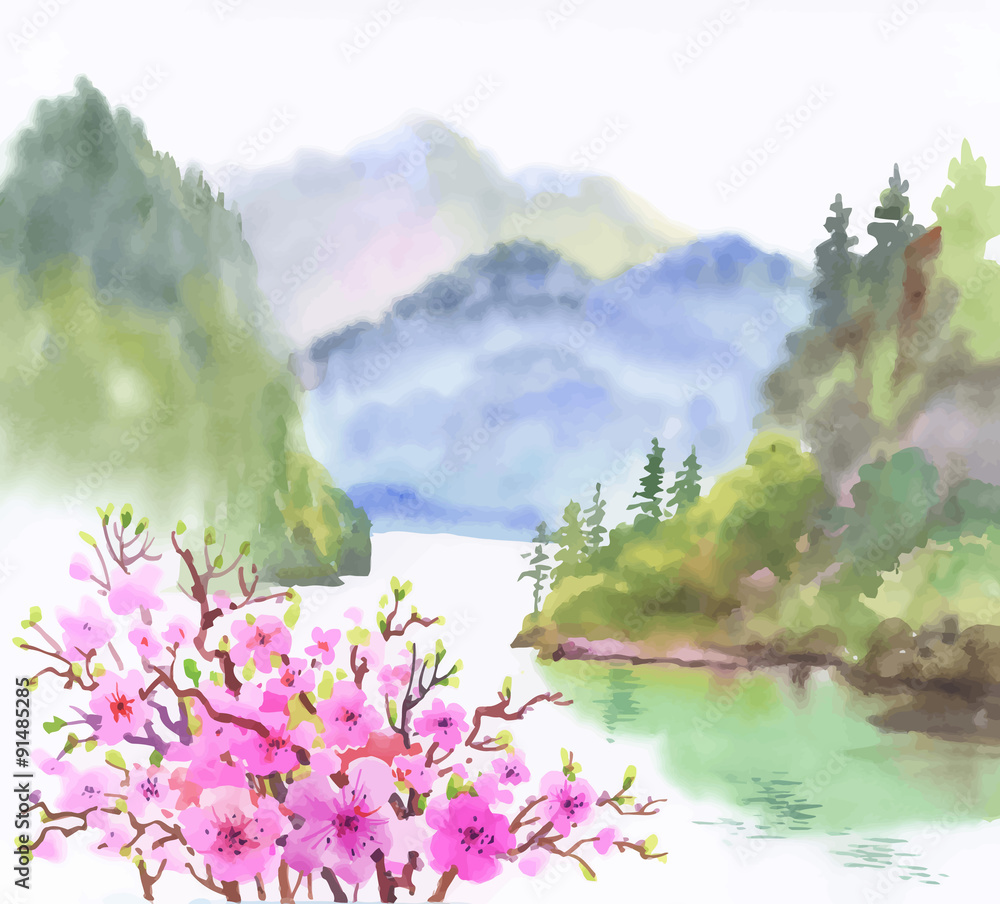 Obraz Akwarela krajobraz rzeki z kwiatami