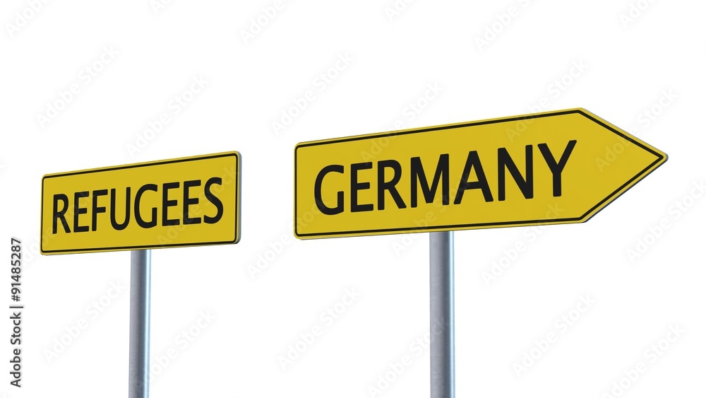 Refugees / Germany Signpost isolated in white background Refugees / Germany Signpost isolated in white background