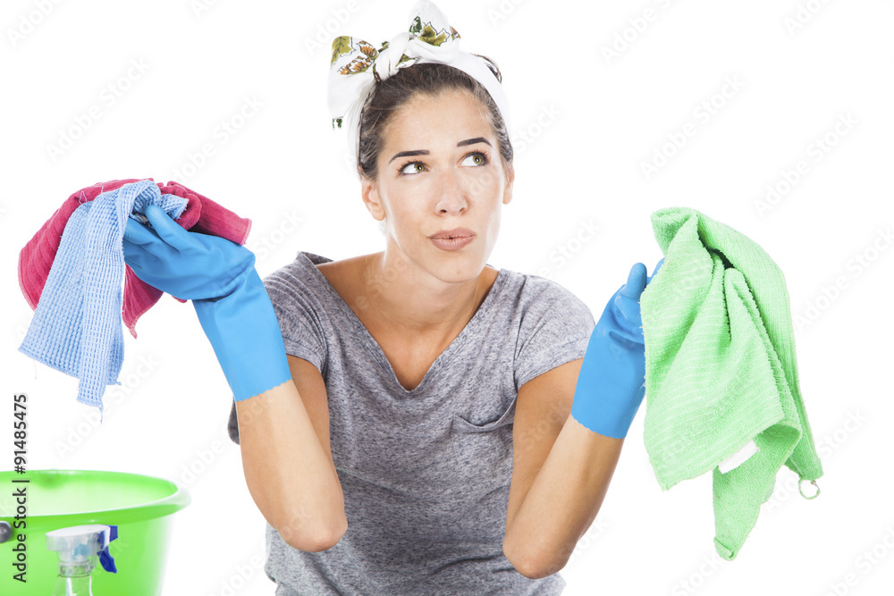 Tired frustrated and exhausted cleaning woman isolated on white Tired frustrated and exhausted cleaning woman isolated on white