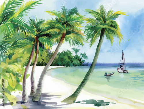 Summer beach with palm trees, seagulls and boat on shore, hand