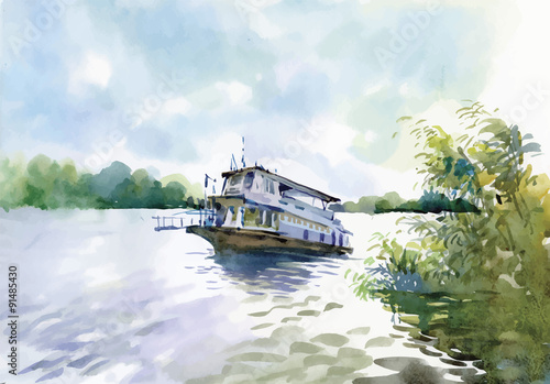 Watercolor Boat on river water vector illustration
