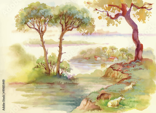 Summer Landscape with goats watercolor illustration © kostanproff