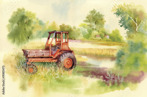 Watercolor tractor Machine in yard. Equipment on the village
