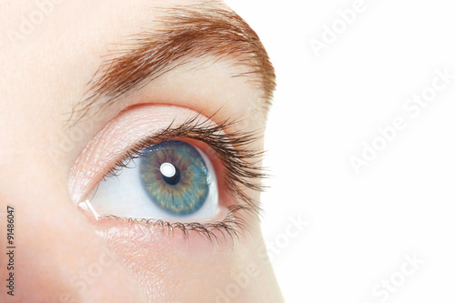 Fototapeta Naklejka Na Ścianę i Meble -  Human, blue healthy eye macro on white background, vision concept
