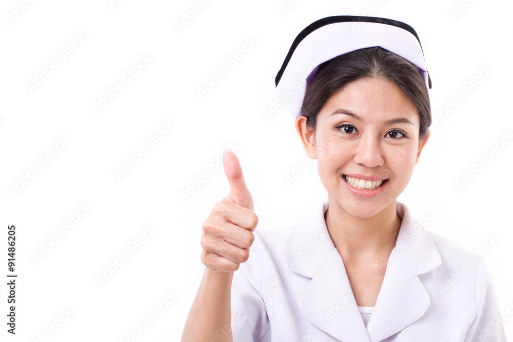 smiling nurse giving thumb up hand sign