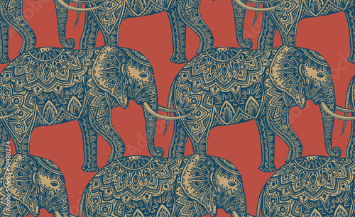 Photography Seamless pattern with stylized ornamental elephants