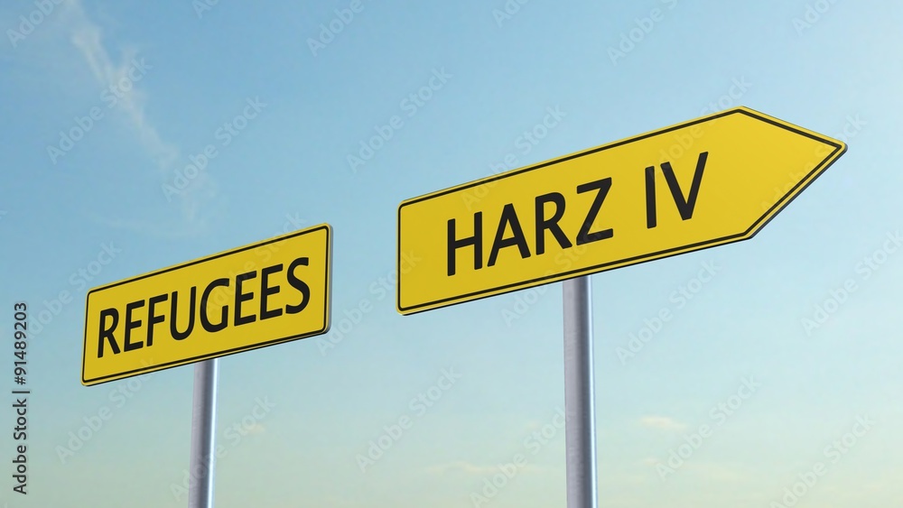 Refugees / Harz IV Signpost on sky background Refugees / Harz IV Signpost on sky background